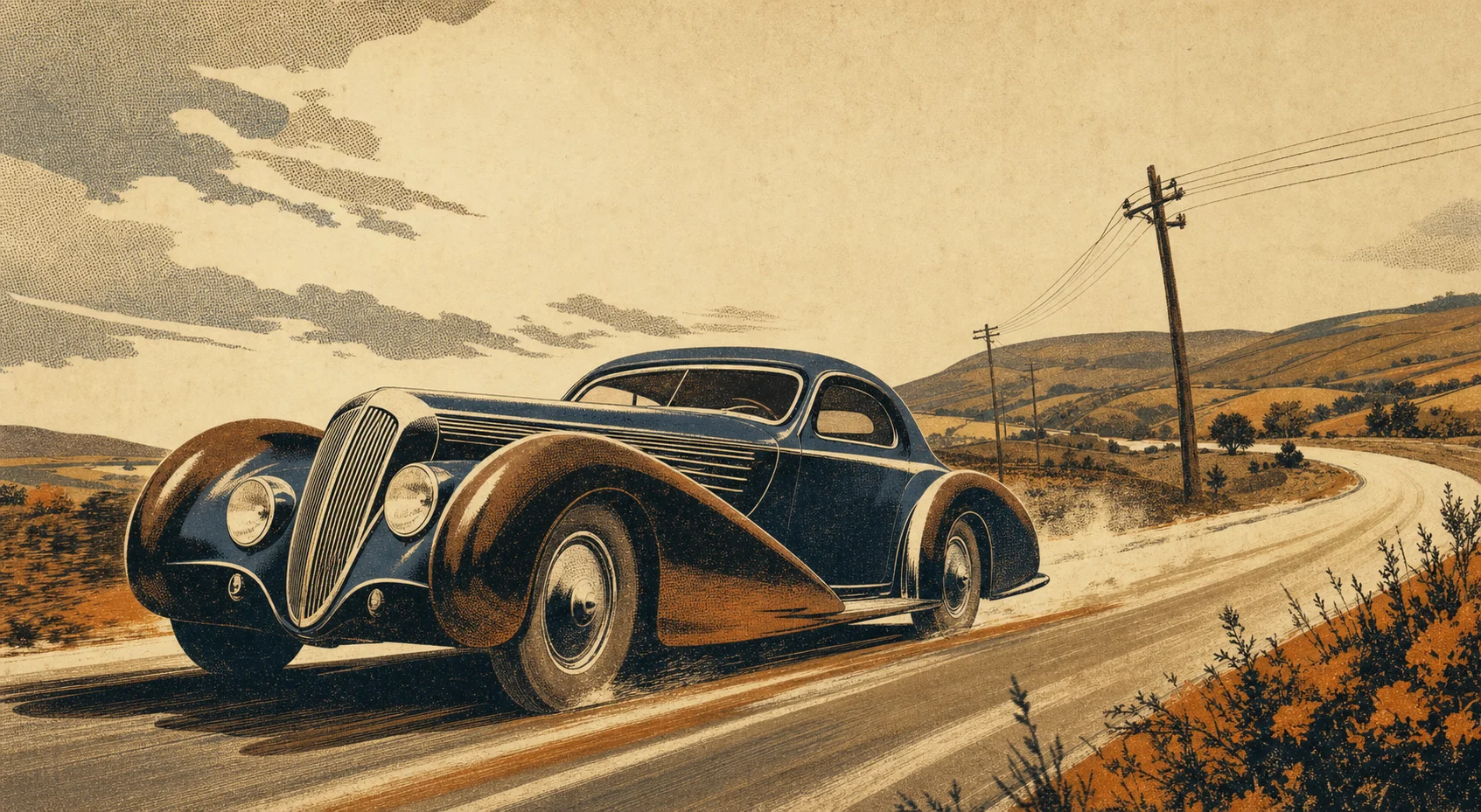 Period-style illustration of a streamlined 1930s coupe on a country road